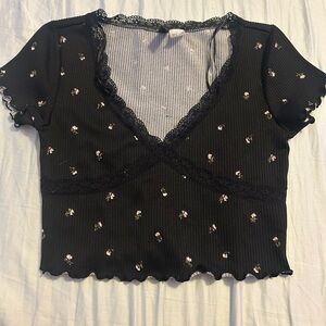 Black Floral Lace Trim Women's Top
